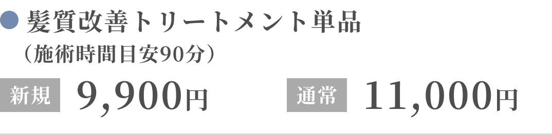 髪質改善トリートメント単品（施術時間目安90分）新規：9,900円、通常：11,000円