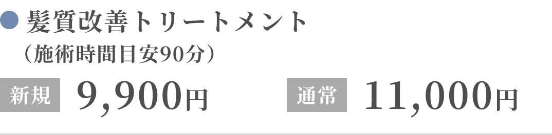 髪質改善トリートメント（施術時間目安90分）新規：9,900円、通常：11,000円
